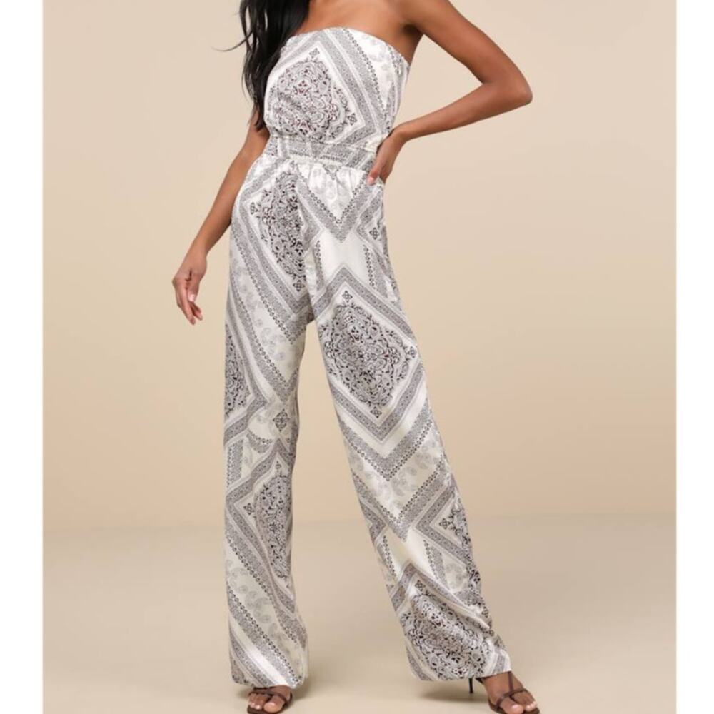 NEW Lulus Western Direction Ivory Scarf Print Woven Satin Strapless Jumpsuit XS